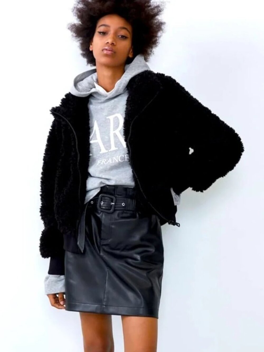 Zara TRF Teddy Bomber Jacket Black Full Zip Long Sleeve Women's S